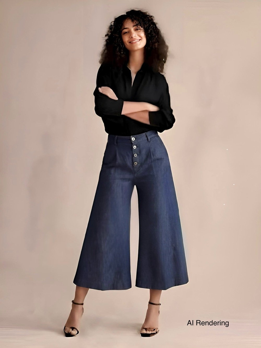 New! VIVID Dark Blue Linen Jeans Style Wide Leg Button Fly Cropped Pants size 6